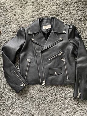 Michael kors Black Leather Moto Jacket with Silver Hardware- new